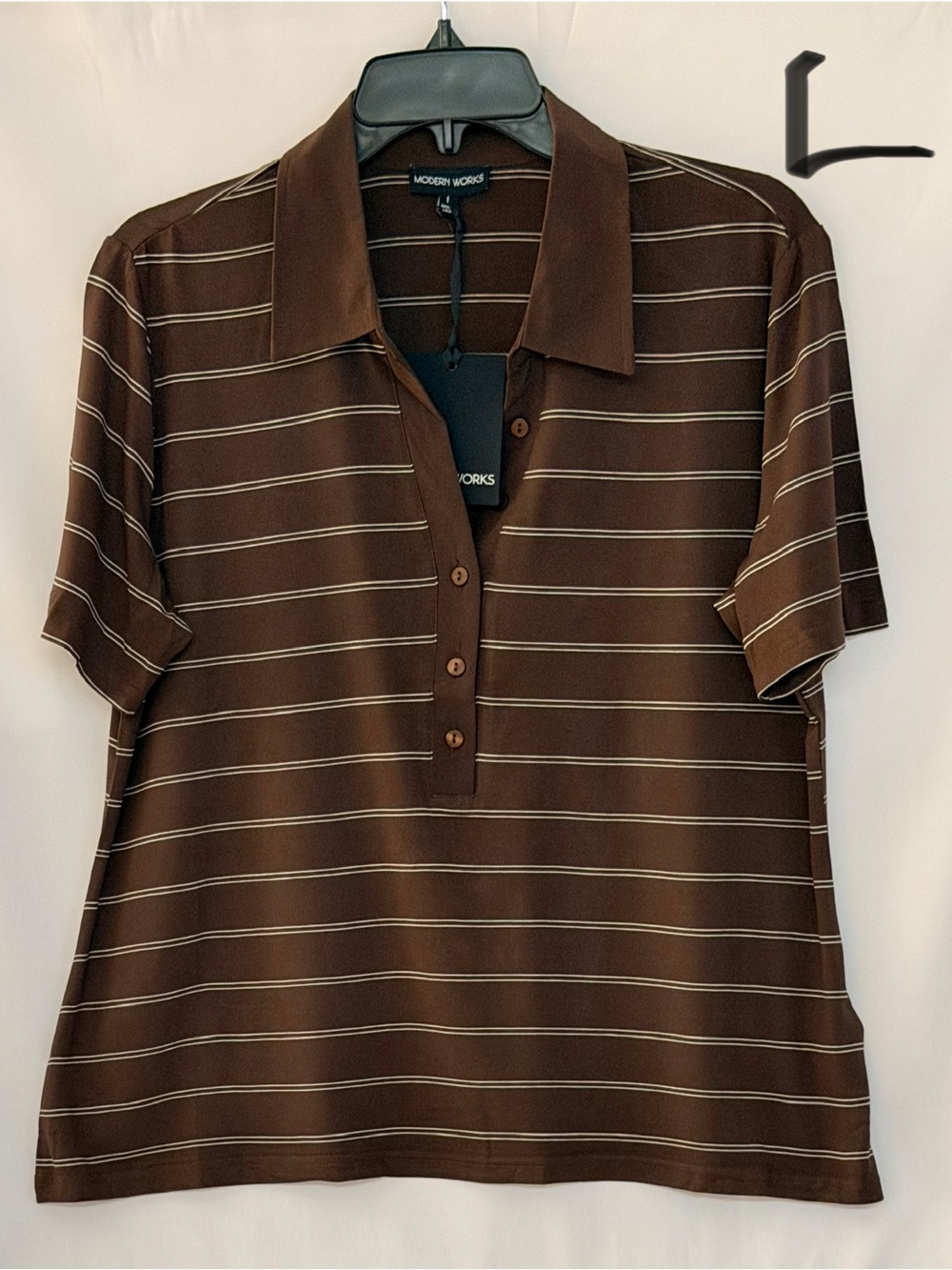Modern Works Brown Striped Polo Top with Cream Trim